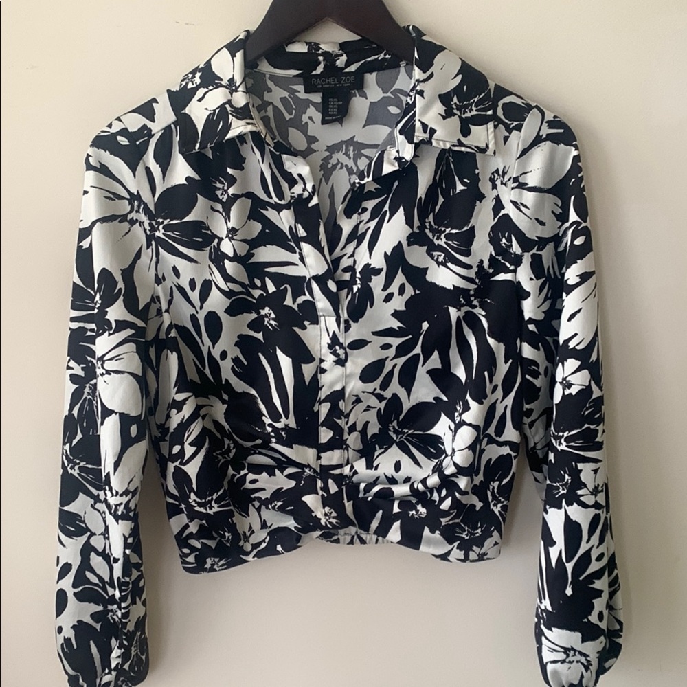 Rachel Zoe Black and White cream  Floral Notched Collar long Sleeve Blouse SZ XS